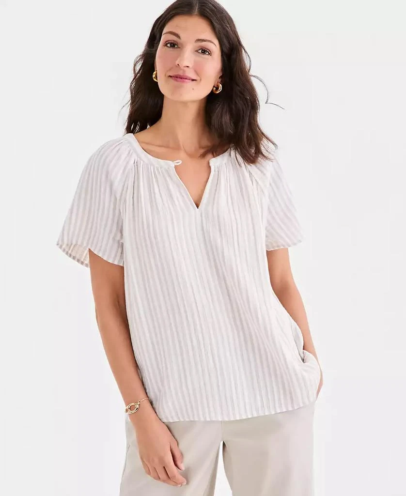 Style & Co Petite Slit V-Neck Raglan-Sleeve Cotton Top, Macy's Exclusive