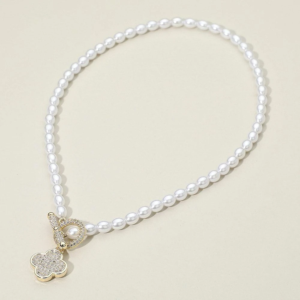 FASHNZFAB 14K Gold Plated CZ Stone Paved Quatrefoil Pendant Toggle Pearl Necklace 2