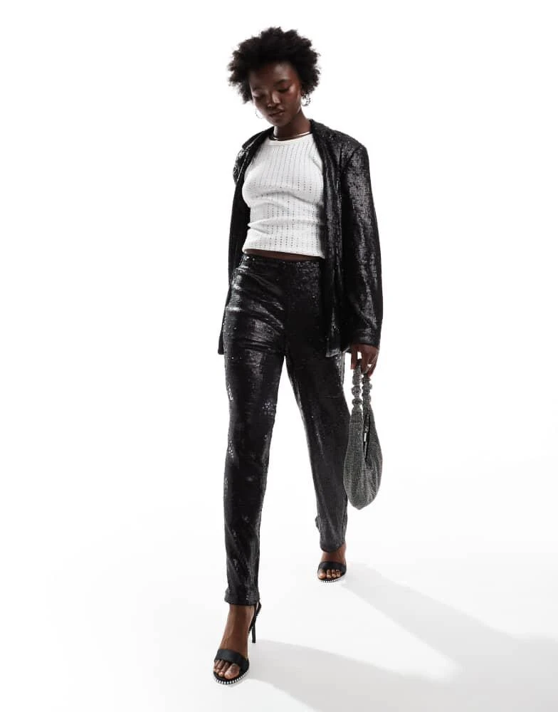 ASOS ASOS DESIGN tailored sequin ankle grazer trousers in black 4