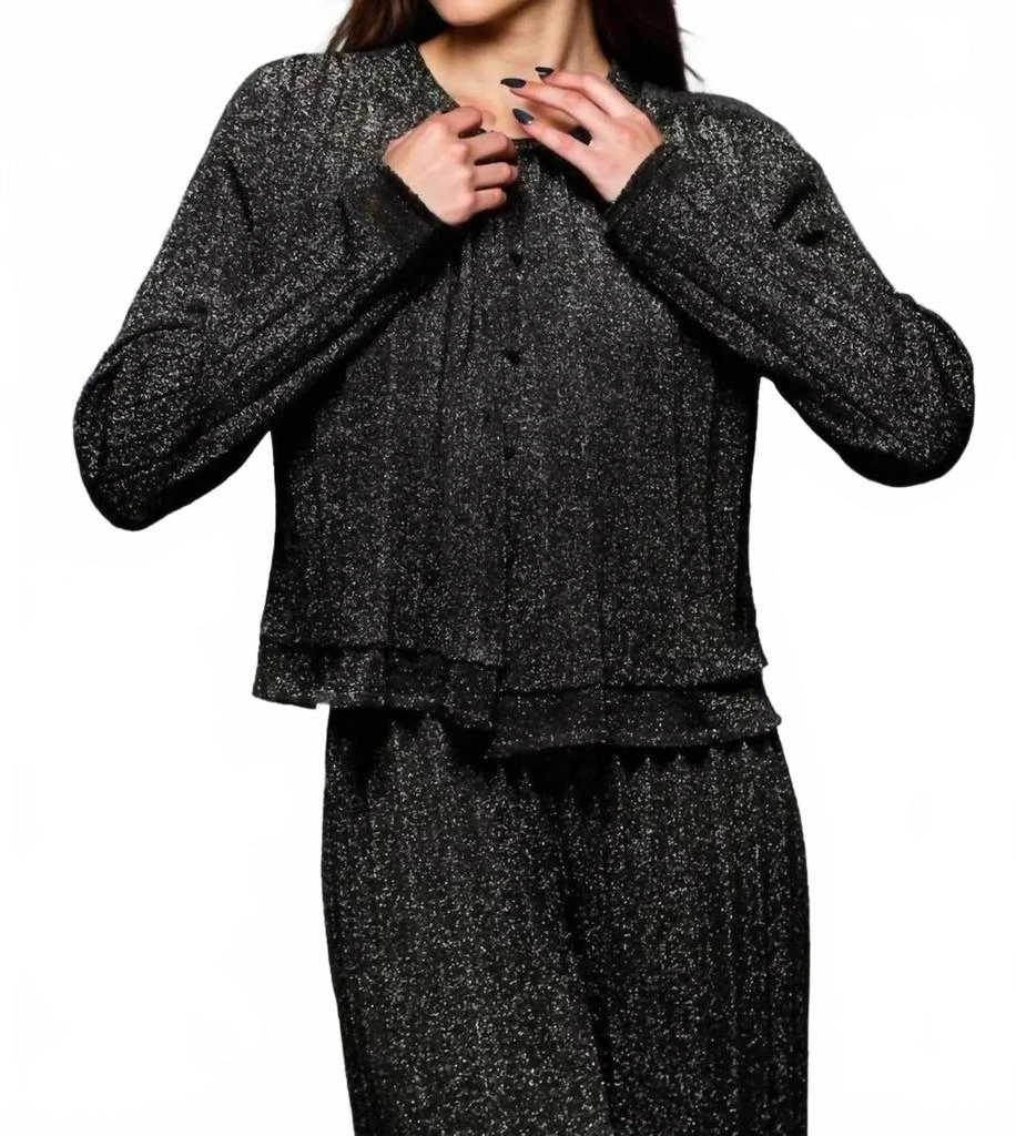 Minnie Rose Lurex Long Sleeve Pleated Cardigan In Black