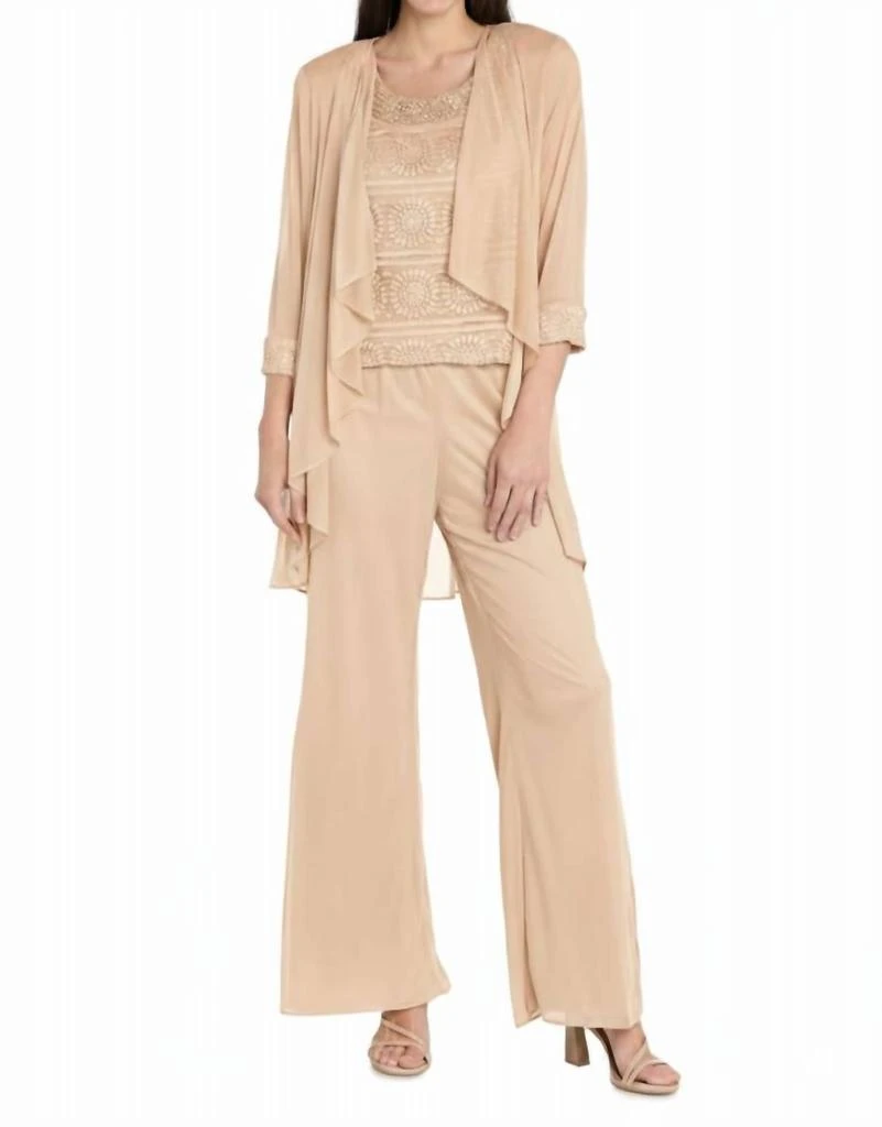 R&M Richards Glitter Embroidered Pant Suit With Pearl Neckline In Champagne