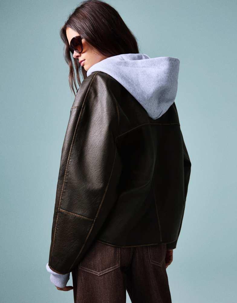 Shop Bershka Leather effect jacket with lapel collar in brown on