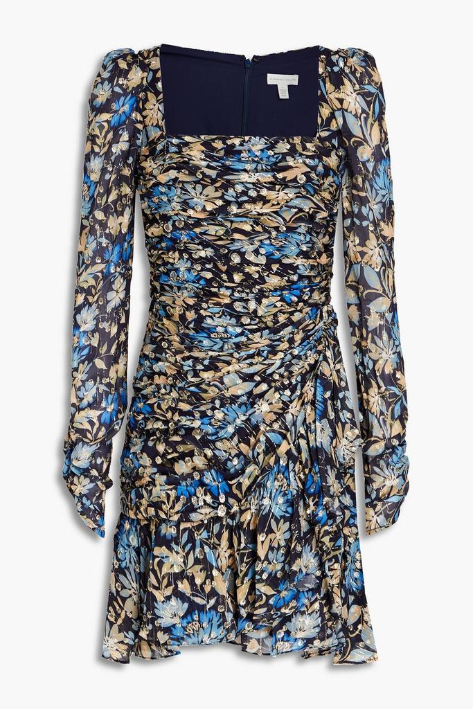 Monique Lhuillier Ruched floral-print metallic fil coupé mini dress