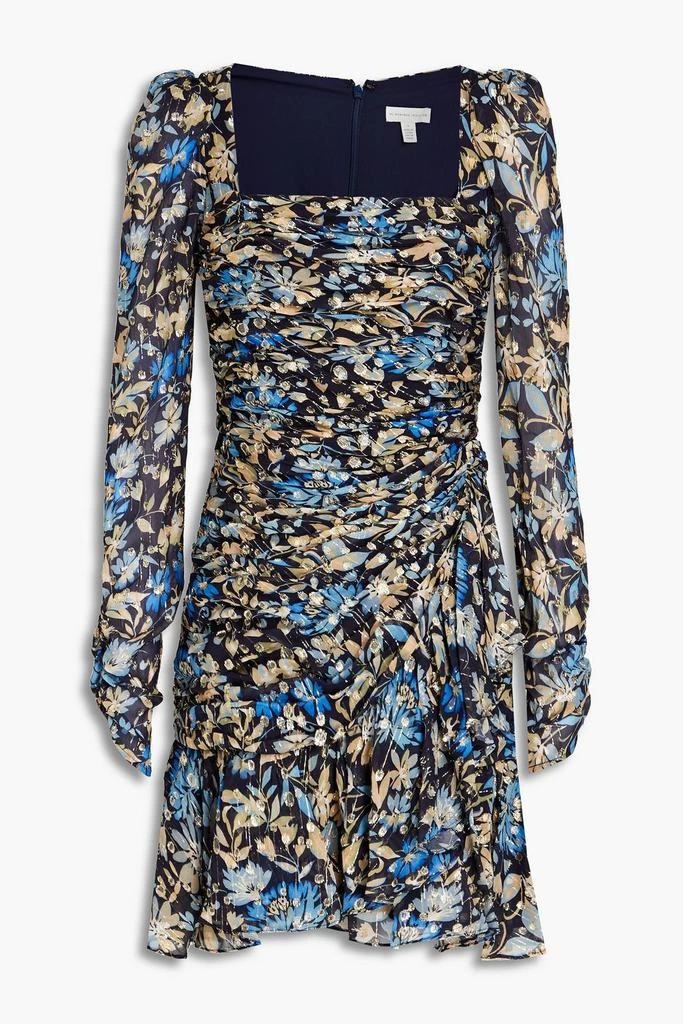 Monique Lhuillier Ruched floral-print metallic fil coupé mini dress 1