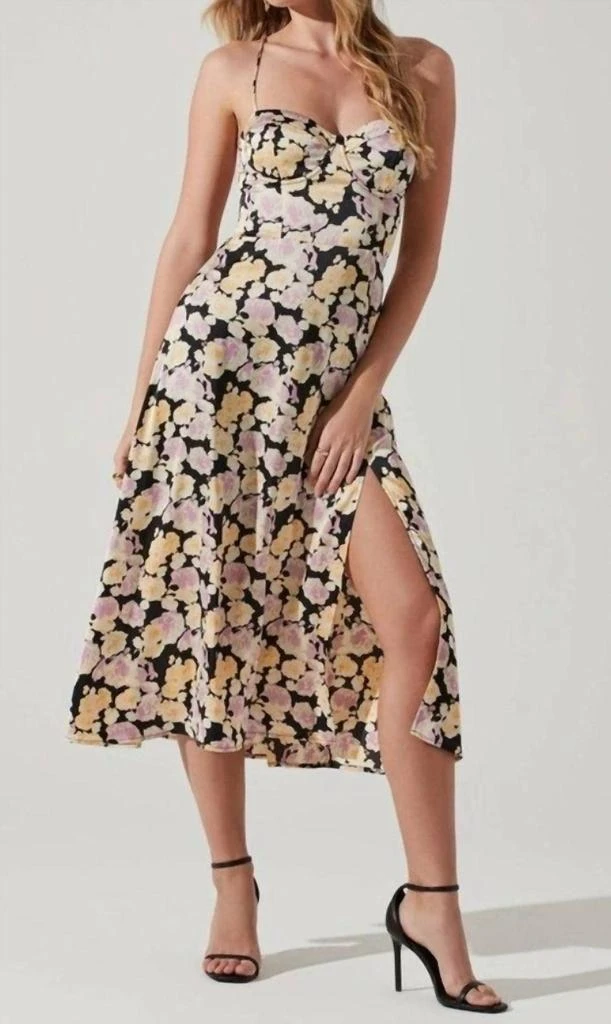 ASTR Gala Floral Bustier Cross Strap Midi Dress In Black Floral