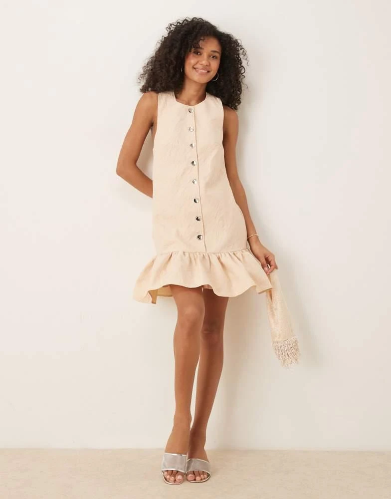 Ghospell Ghospell ruffle hem jacquard mini dress in taupe 4