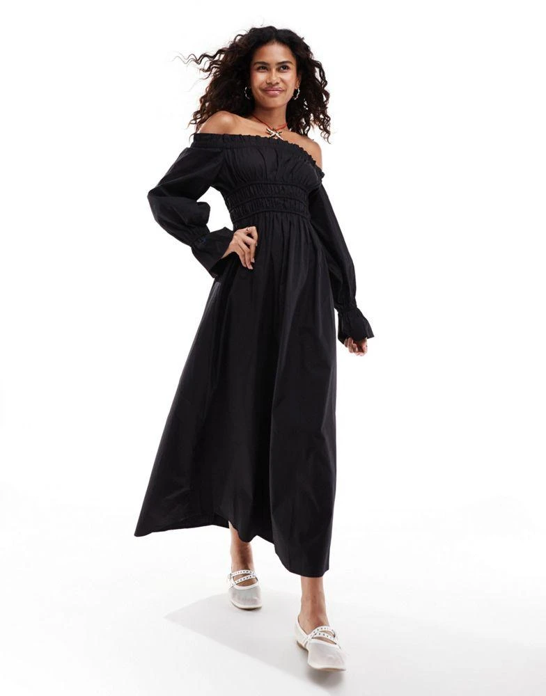 Glamorous Glamorous off shoulder shirred waist maxi dress in black 1