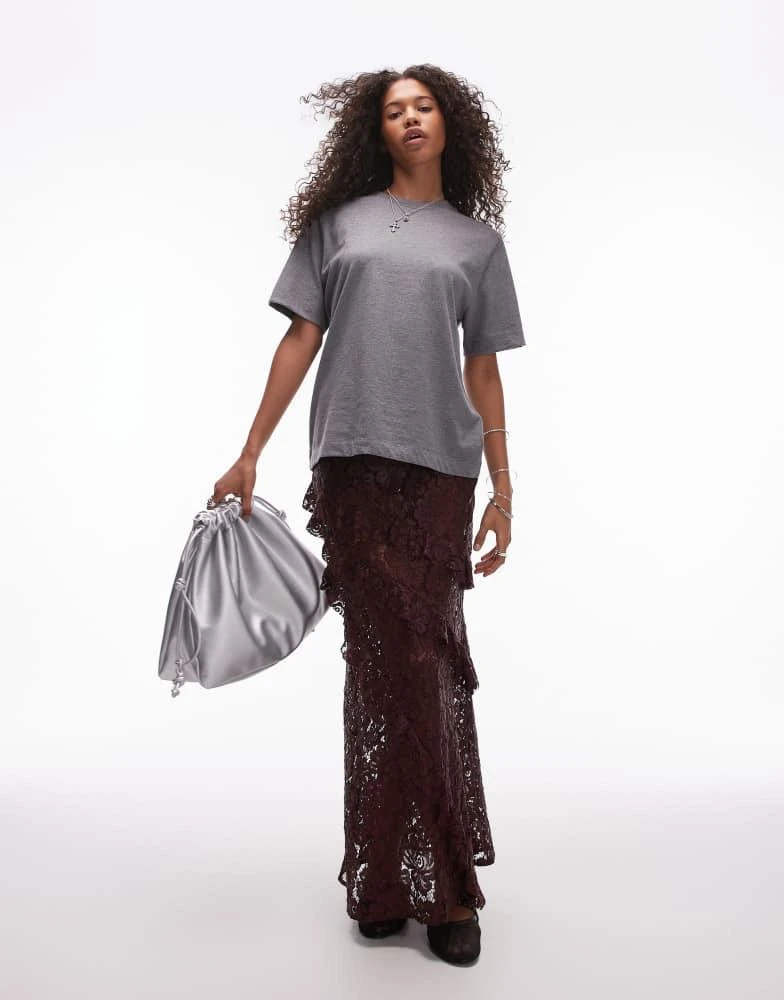 Topshop Topshop sheer lace ruffle maxi skirt in burgundy 3