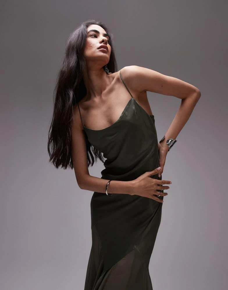 Topshop Topshop premium mixed fabric godet hem midi dress in khaki 2