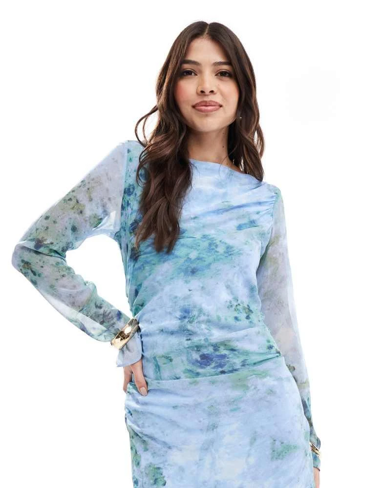 ASOS ASOS DESIGN ruched sleeve maxi dress in blue marble print 3