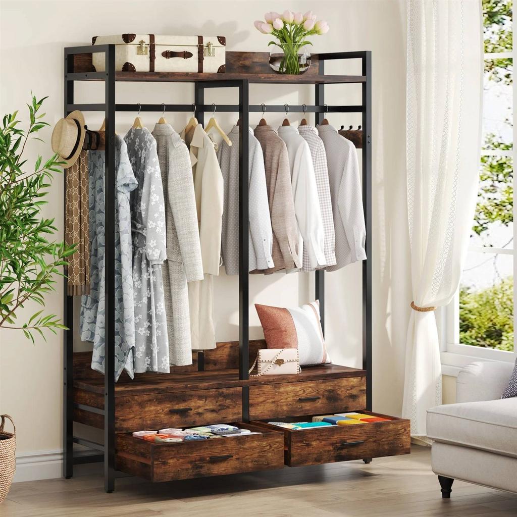 QuikFurn Heavy Duty Brown Black Garment Rack Clothes Hanging Rod with 4 Storage Drawers