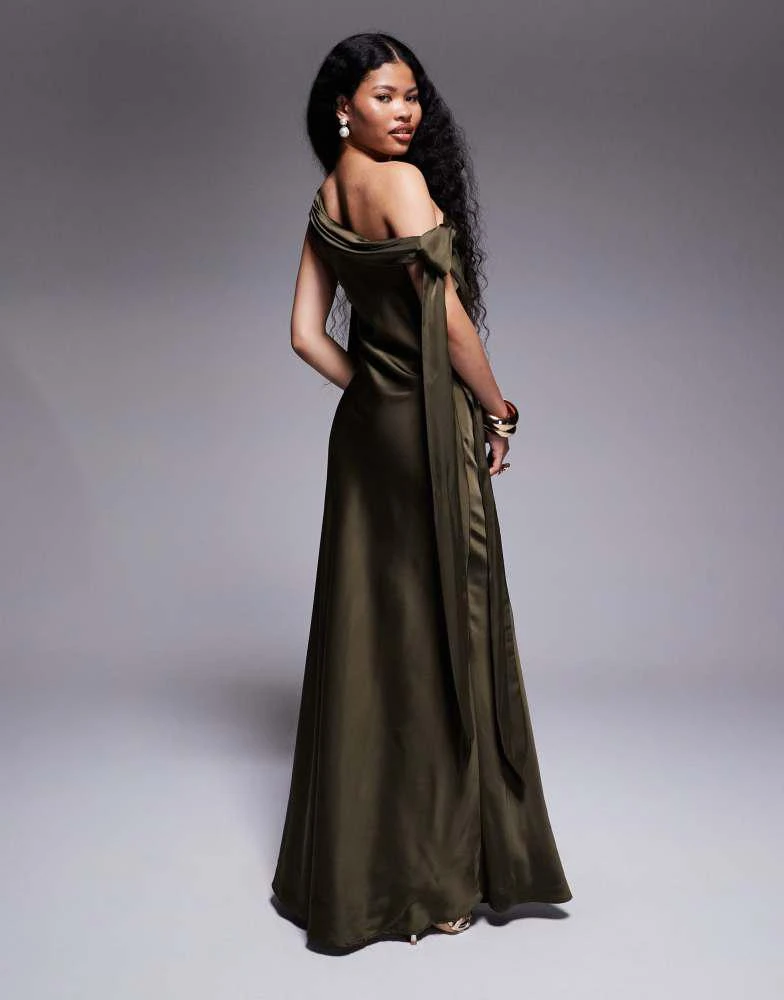 TFNC Petite fallen shoulder maxi dress with tie details in olive satin  On  Sale Now with Up to 26% Off | Discover Exclusive Deals & Savings at  BeyondStyle  Authentic TFNC