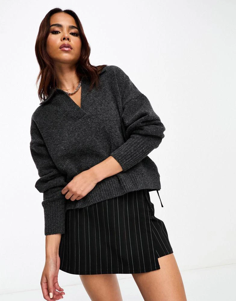 Monki Monki long sleeve collar knitted sweater in dark grey 1
