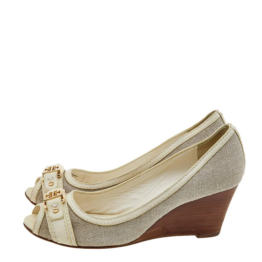 Tory Burch Tory Burch Grey/Cream Canvas And Leather Wedge Peep Toe Pumps Size 37.5 4
