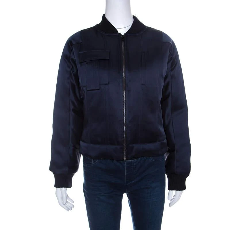 Diane von Furstenberg Diane Von Furstenberg Navy Blue Satin Alexander Bomber Jacket S 1