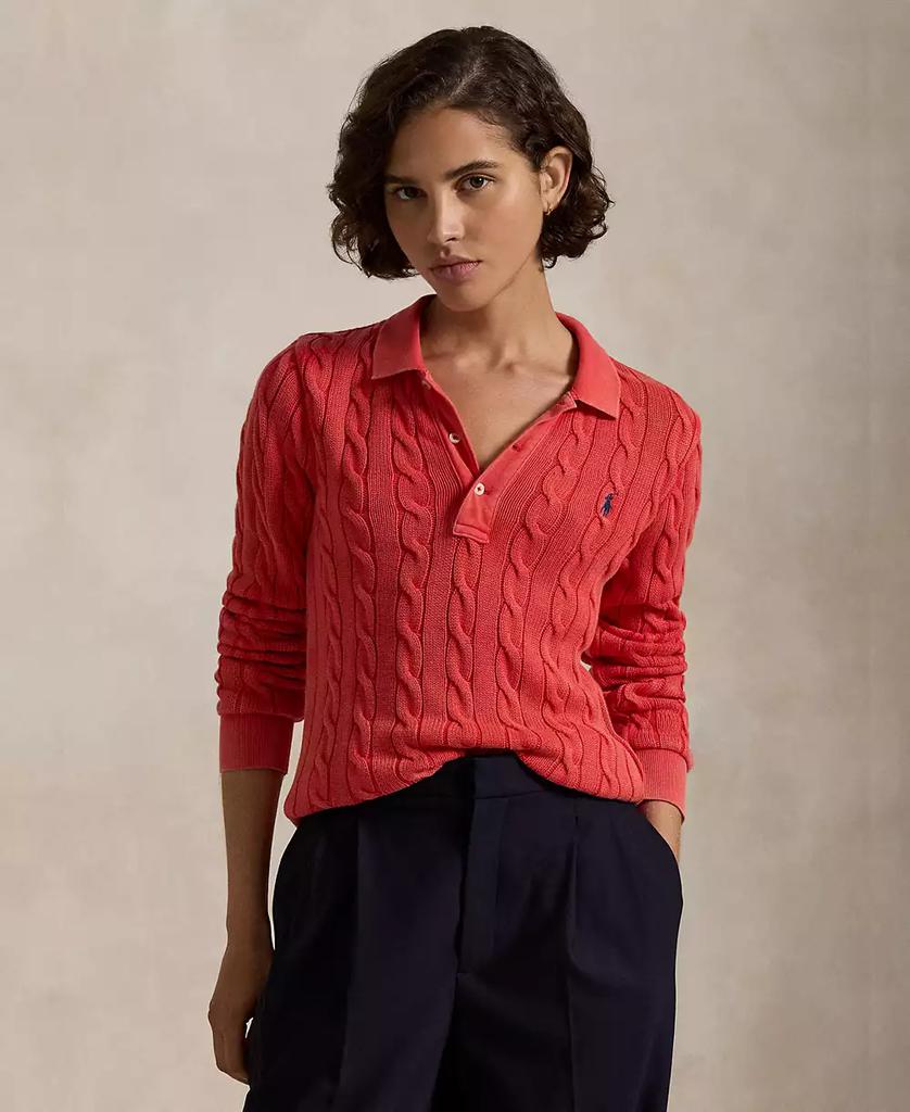 Ralph Lauren Women's Cable-Knit Cotton Long-Sleeve Polo Shirt Sweater