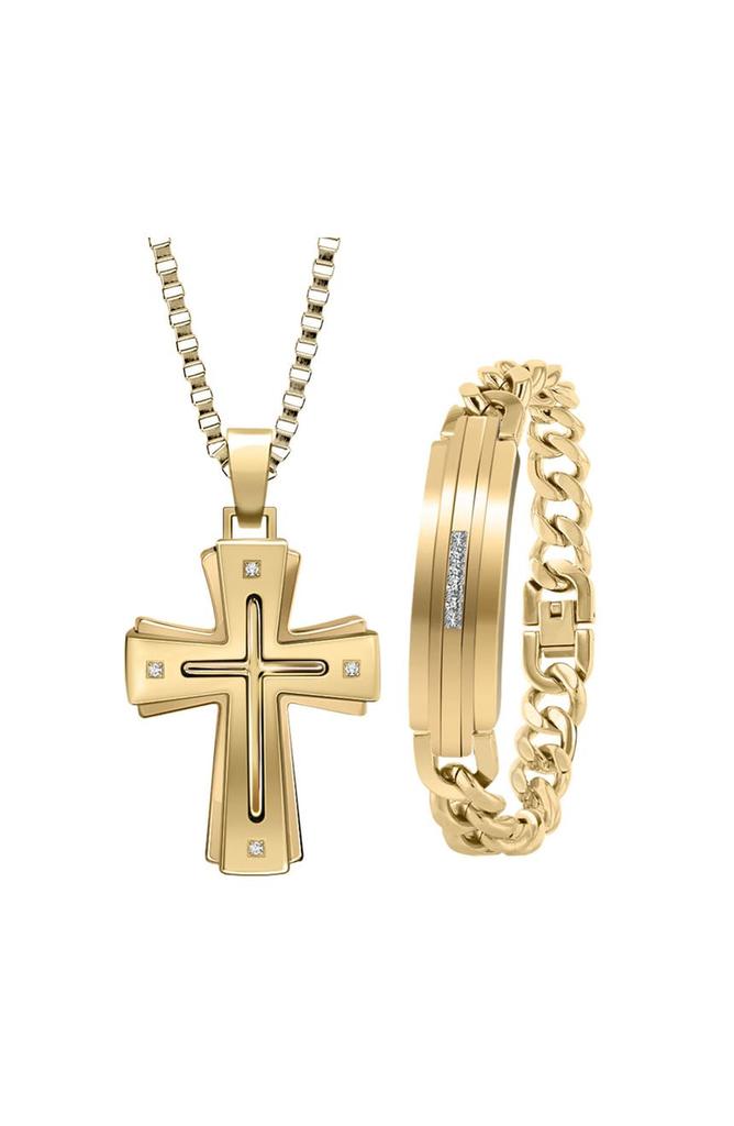 AMERICAN EXCHANGE Two-Tone Cross Diamond Pendant Necklace & Bracelet Set - 0.10 ctw