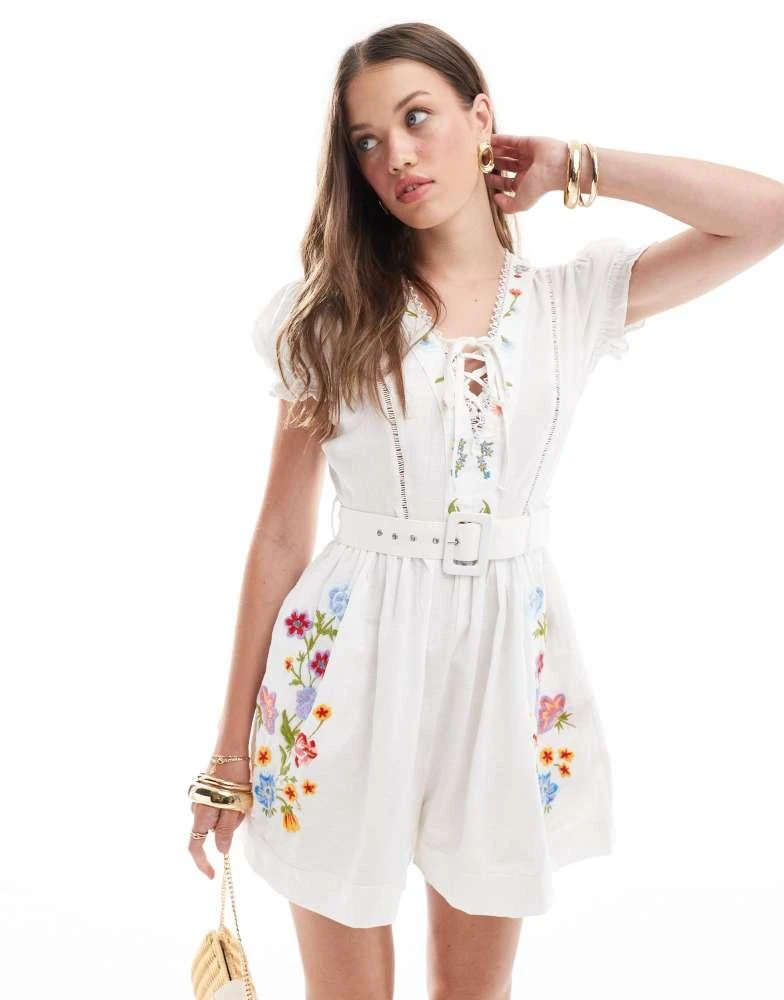ASOS ASOS DESIGN self belt playsuit with puff sleeve and embroidery in white 2