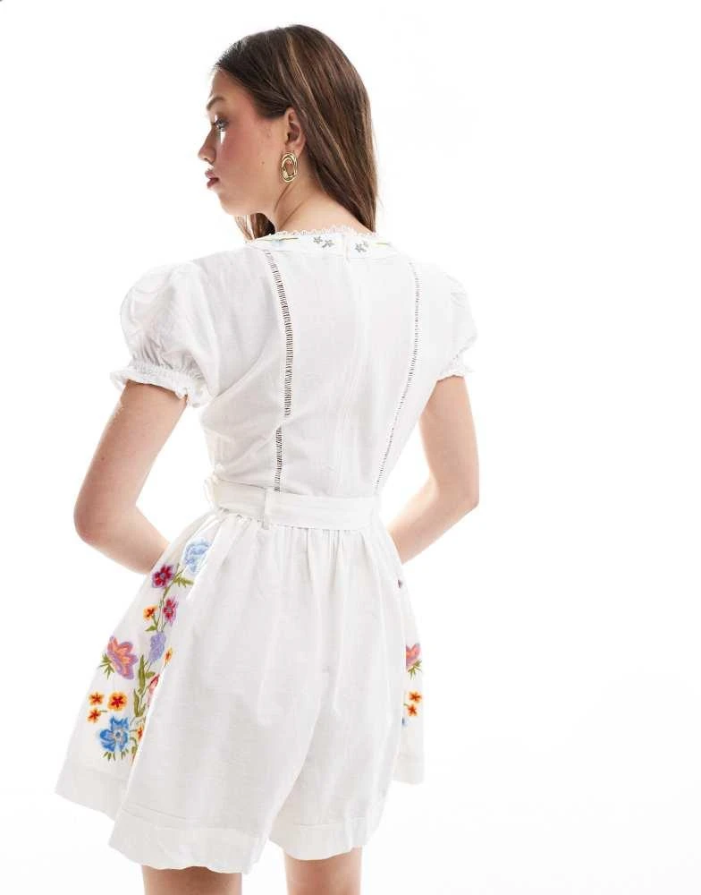 ASOS ASOS DESIGN self belt playsuit with puff sleeve and embroidery in white 4