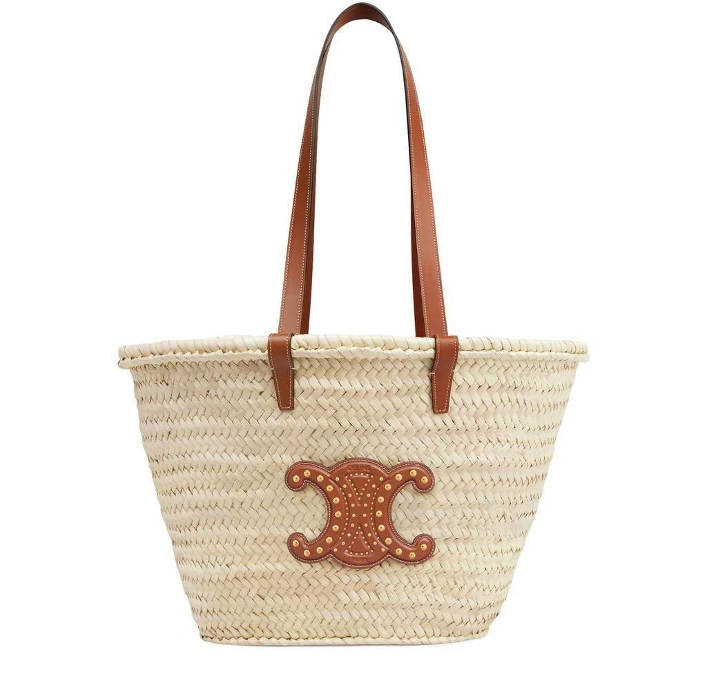 CELINE Medium Triomphe Celine classic panier in palm leaves and calfskin with studs 1