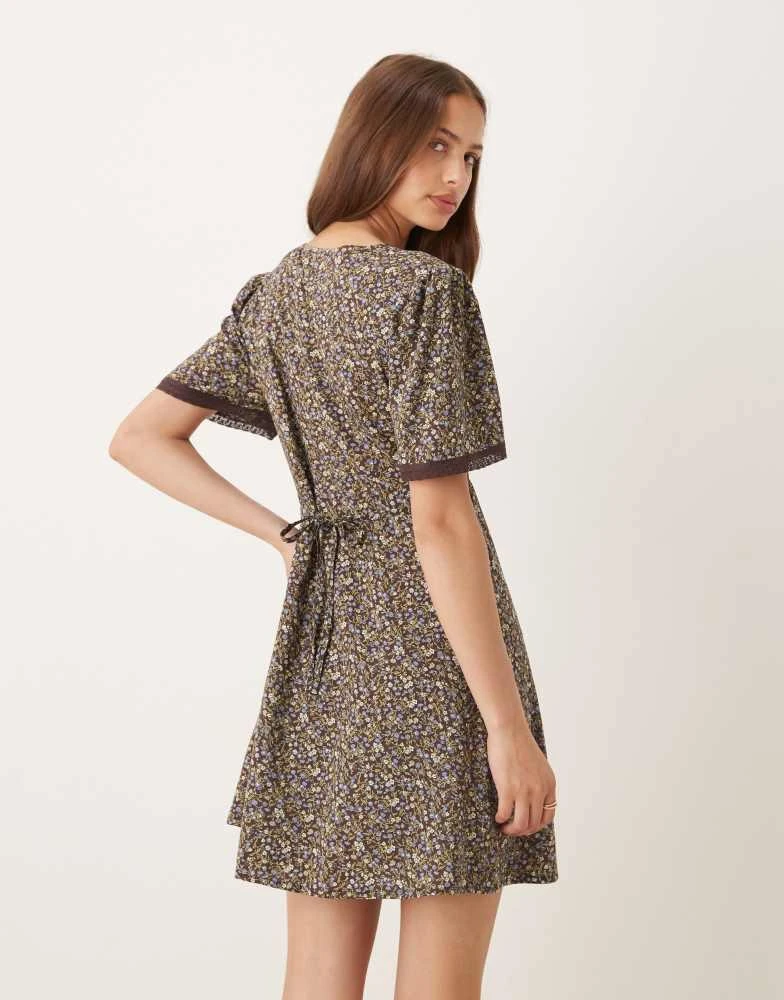 Nobody's Child Nobody's Child lace trim mini dress in chocolate ditsy floral 3