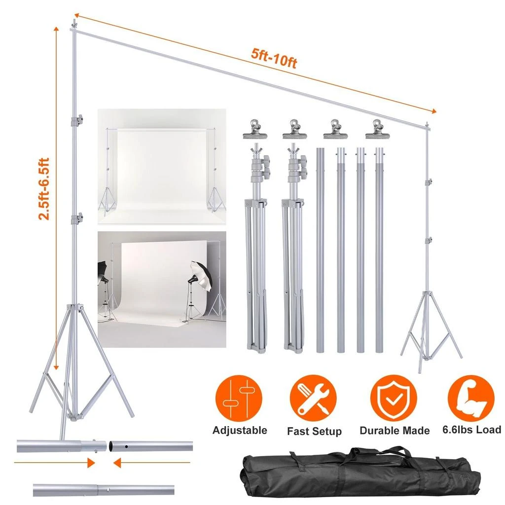 CAMDIGI4 6.5 x 10ft Photo Video Studio Backdrop Background Stand Adjustable Heavy Duty Photography Backdrop Support Stand Set
