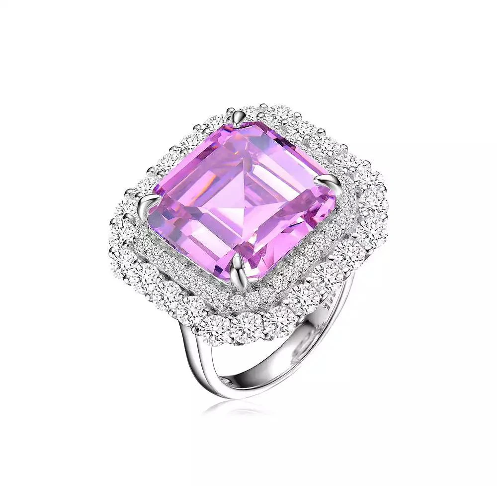 Genevive Dazzling White Gold Plated Pink Ascher 
Double Halo CZ Cocktail Ring 5