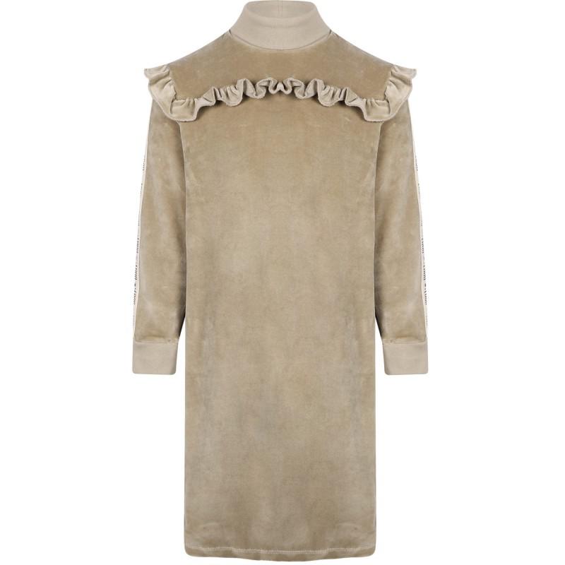 Loud Apparel Taupe dress long length with thumb holes and loud tape on the sleeves