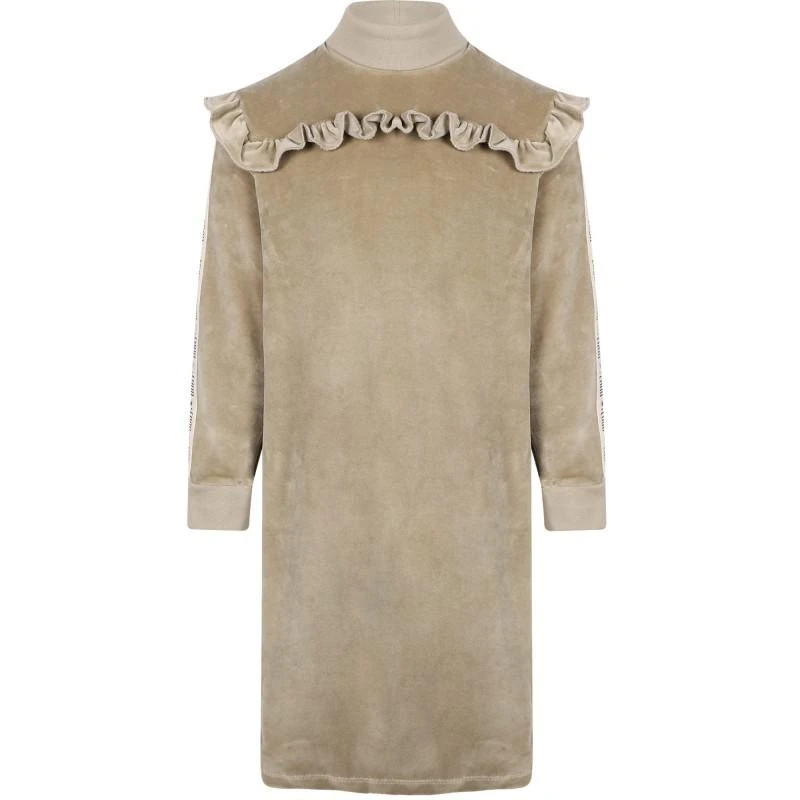 Loud Apparel Taupe dress long length with thumb holes and loud tape on the sleeves 1