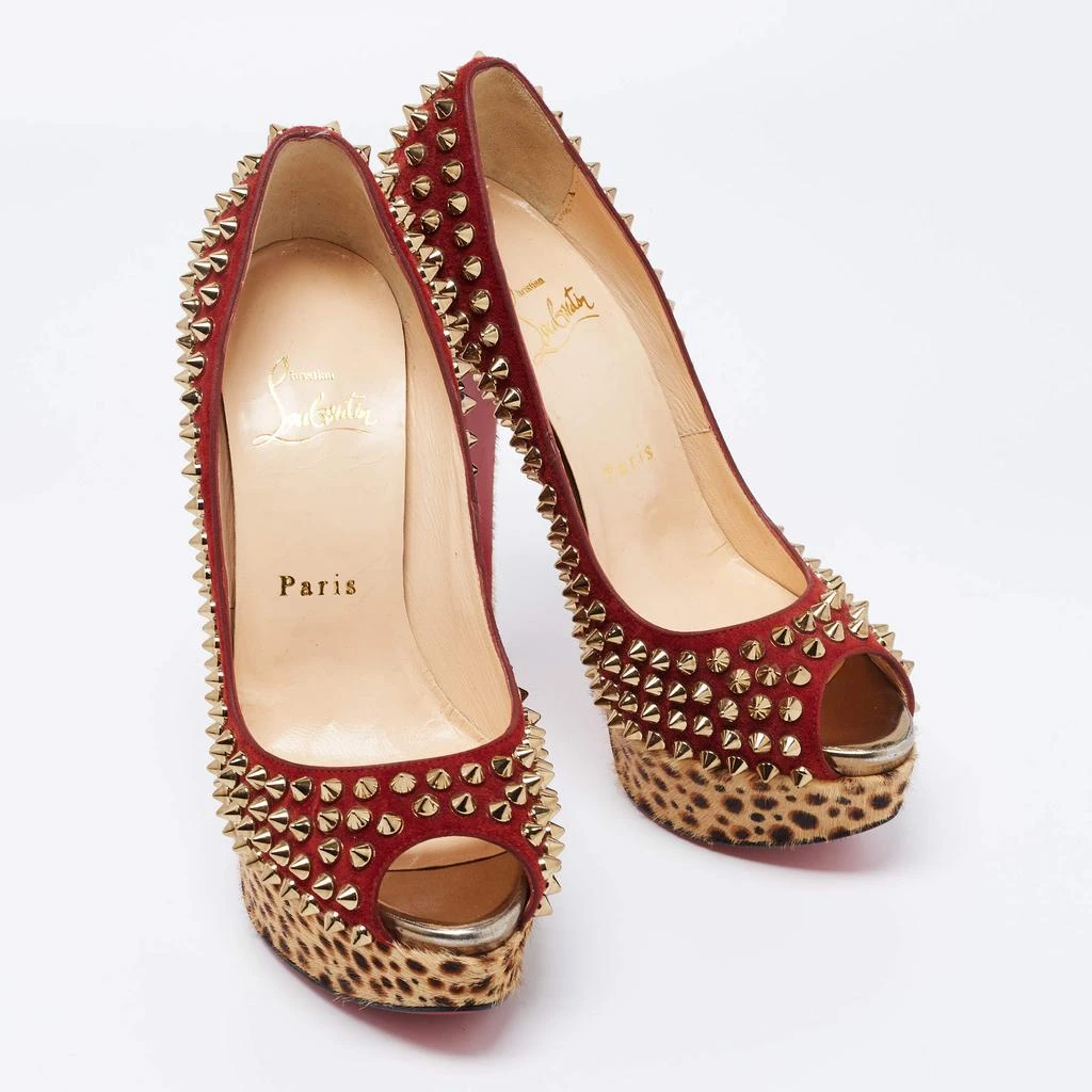 Christian Louboutin Christian Louboutin Beige/Maroon Leopard Print Calfhair and Suede Lady Peep Spikes Pumps Size 36 4