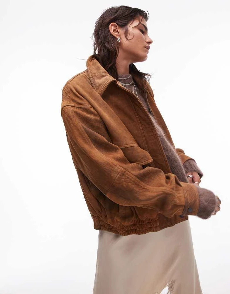 Topshop Topshop premium real suede oversized bomber jacket in tan 1
