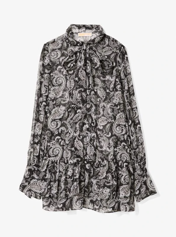 Michael Kors Metallic Paisley Georgette Tie-Neck Dress 3