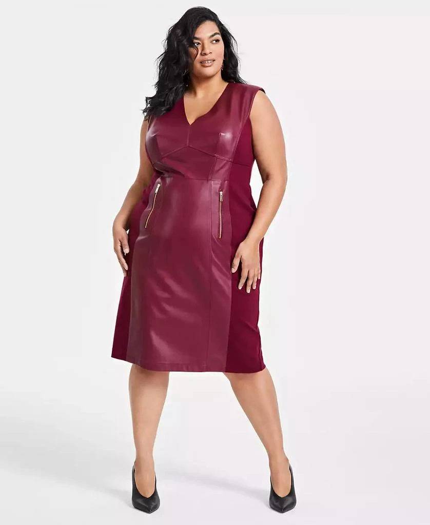 INC International Plus V-Neck Faux-Leather Midi Dress, Created for Macy's 1