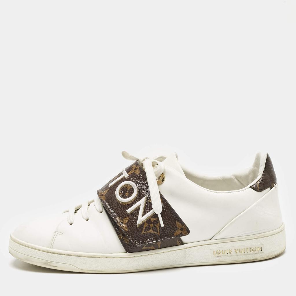 Louis Vuitton Louis Vuitton White/Brown Leather and Monogram Canvas Logo Strap Frontrow Sneakers Size 40
