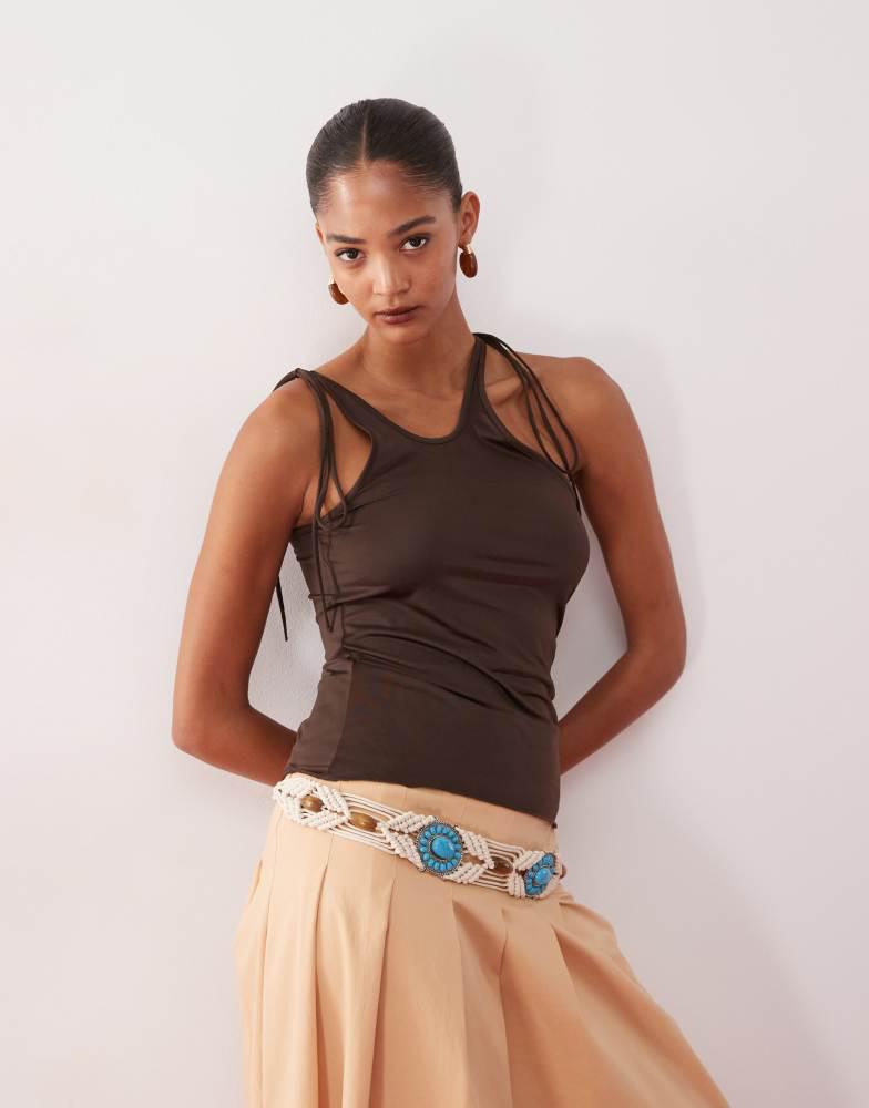 Monki Monki asymmetric tank with tie shoulder detail in dark brown