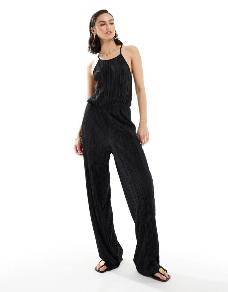 JDY Tall JDY Tall open back plisse jumpsuit in black 2