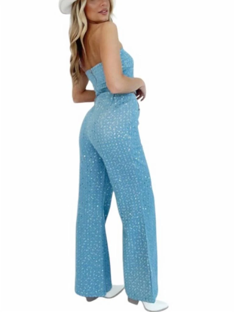 LE LIS High Waisted Wide Reg Sequin Pants In Light Blue 2