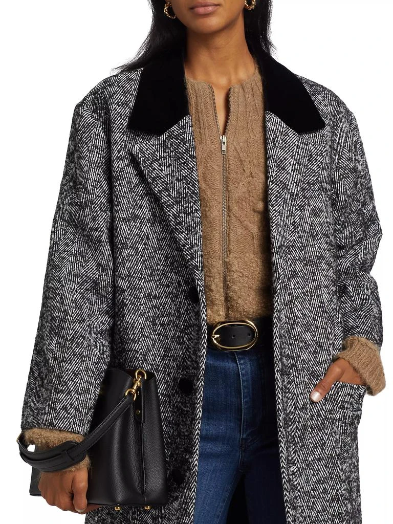 FRAME Herringbone Velvet-Trim Long Coat 6