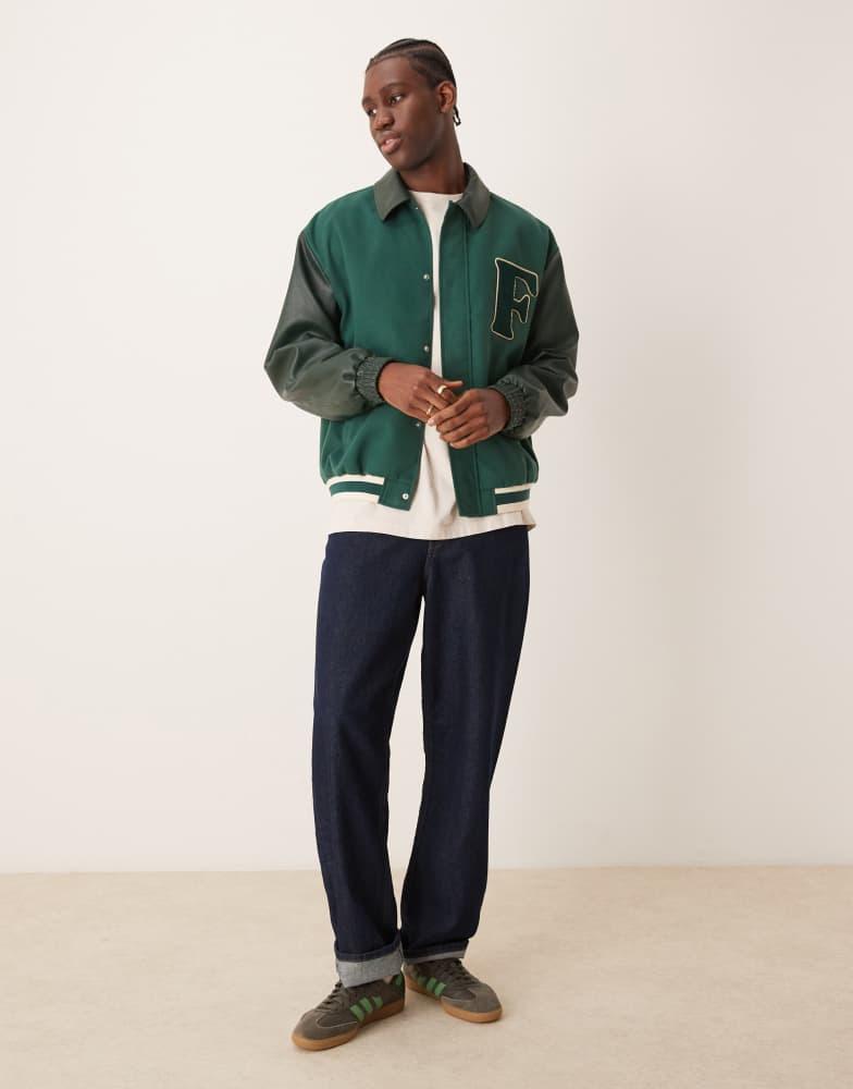 ASOS ASOS DESIGN faux leather varsity jacket in green