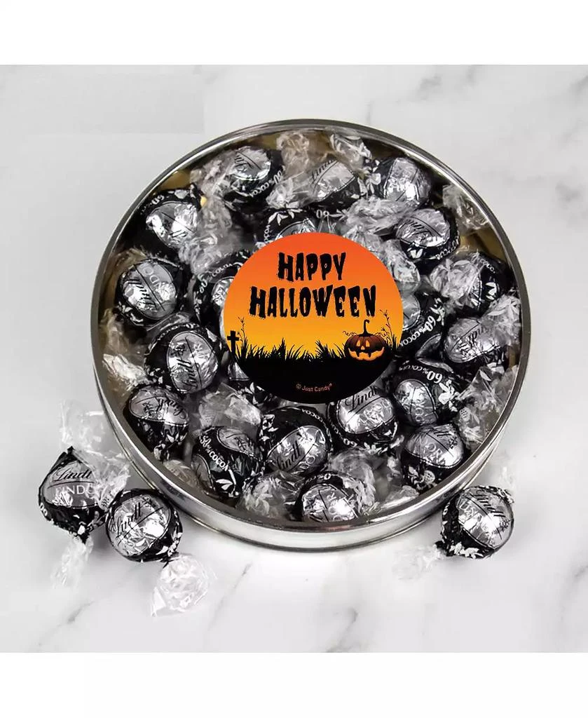 Just Candy Halloween Candy Gift Tin with Chocolate Lindor Truffles by Lindt Large Plastic Tin with Sticker By - Pumpkin 1