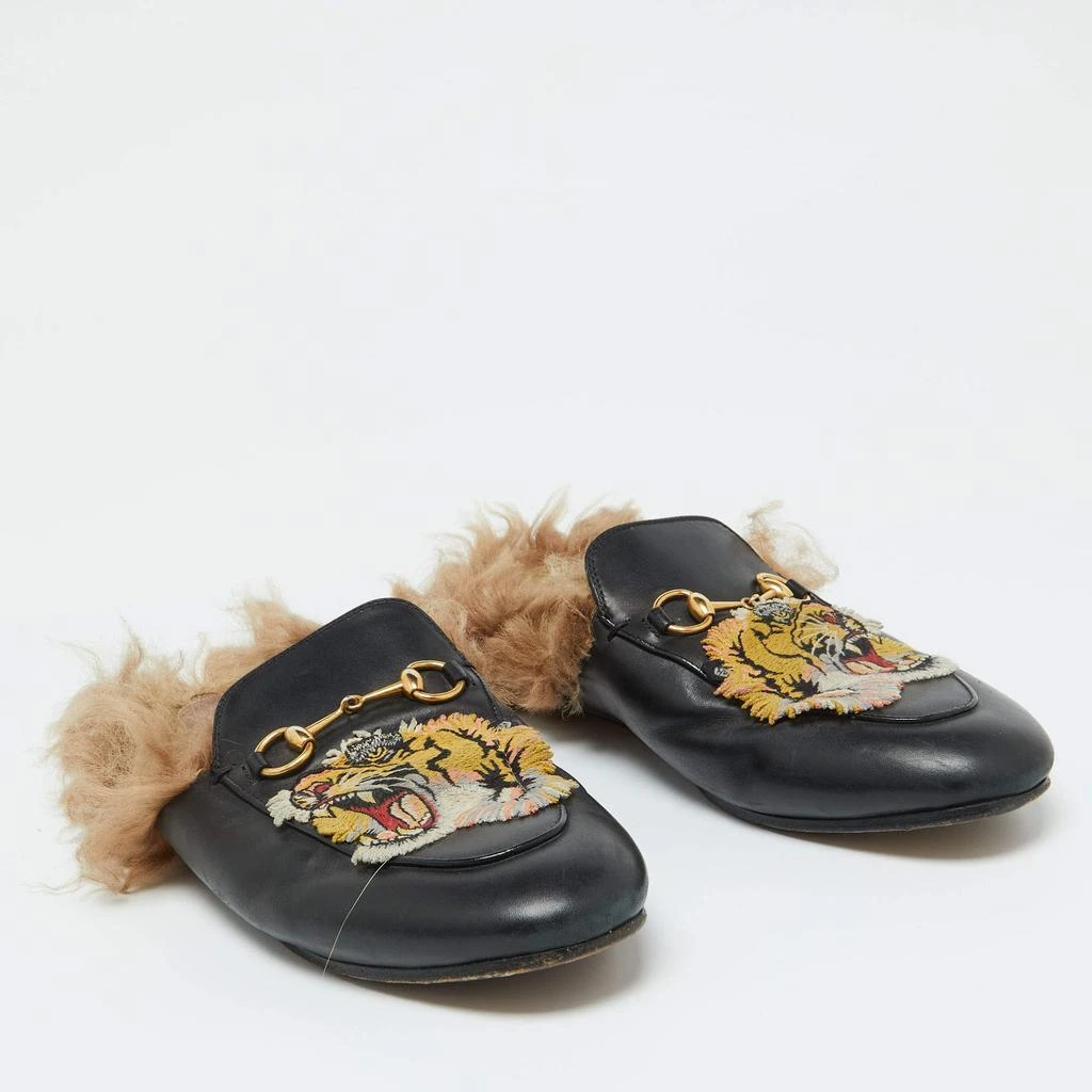 Gucci Gucci Black Leather and Fur Tiger Embroidered Princetown Mules Size 39 4