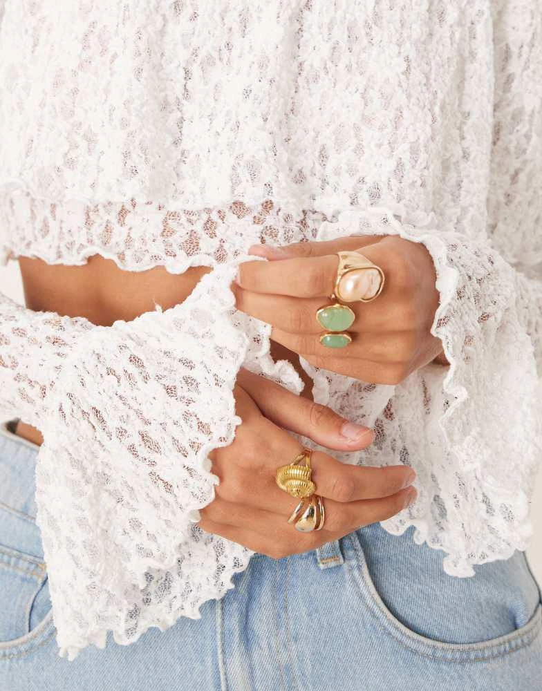 ASOS ASOS DESIGN bardot long sleeve lace crop top with ruffle details in ivory 2
