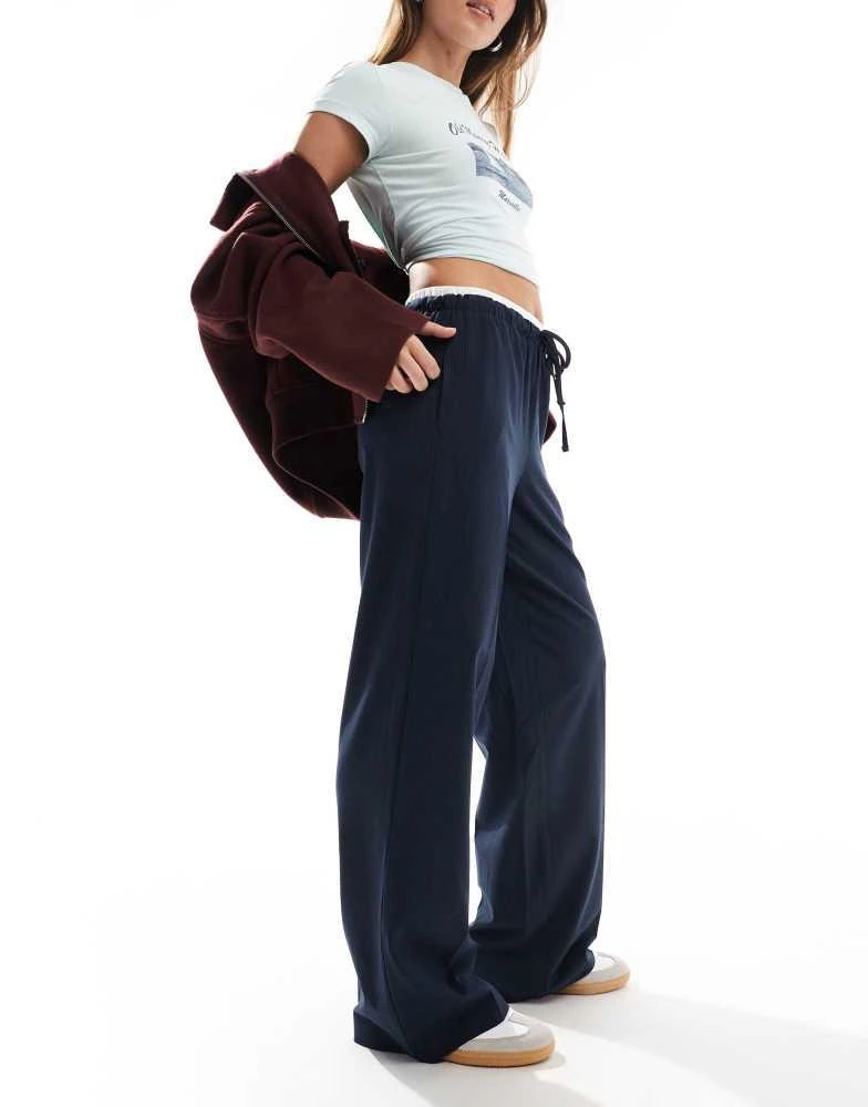 ONLY ONLY contrast waistband loose fit tailored trousers in navy pinstripe 1