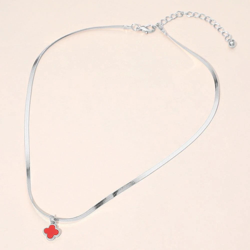 FASHNZFAB Silver Dipped Quatrefoil Pendant Herringbone Chain Necklace 3