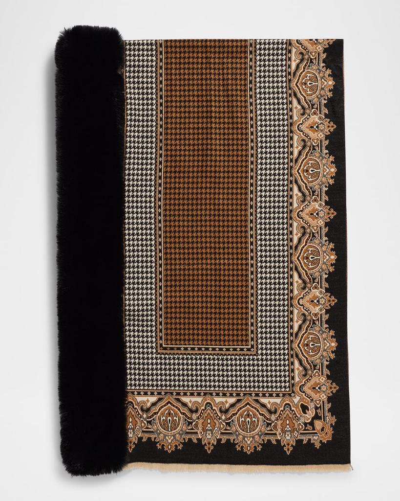 La Fiorentina Houndstooth Paisley Printed Wrap with Faux Fur Trim