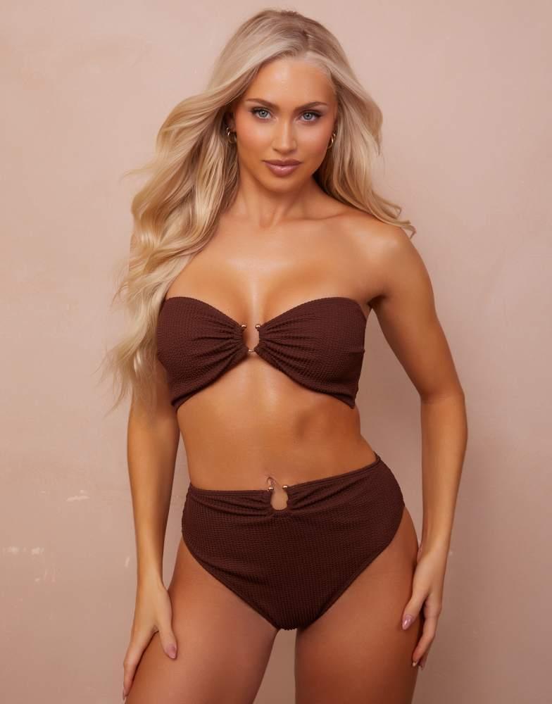 Wolf & Whistle Wolf & Whistle Fuller Bust x Abby Benson high waist bikini bottom with gold trim detail in brown crinkle