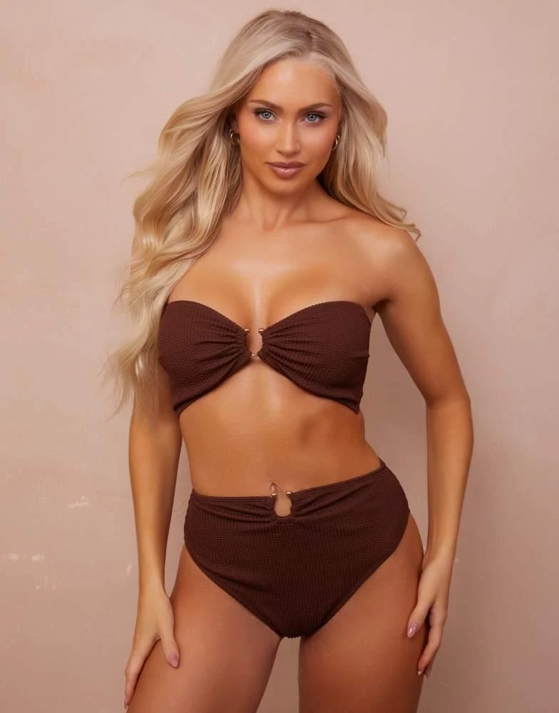 Wolf & Whistle Wolf & Whistle Fuller Bust x Abby Benson high waist bikini bottom with gold trim detail in brown crinkle 1