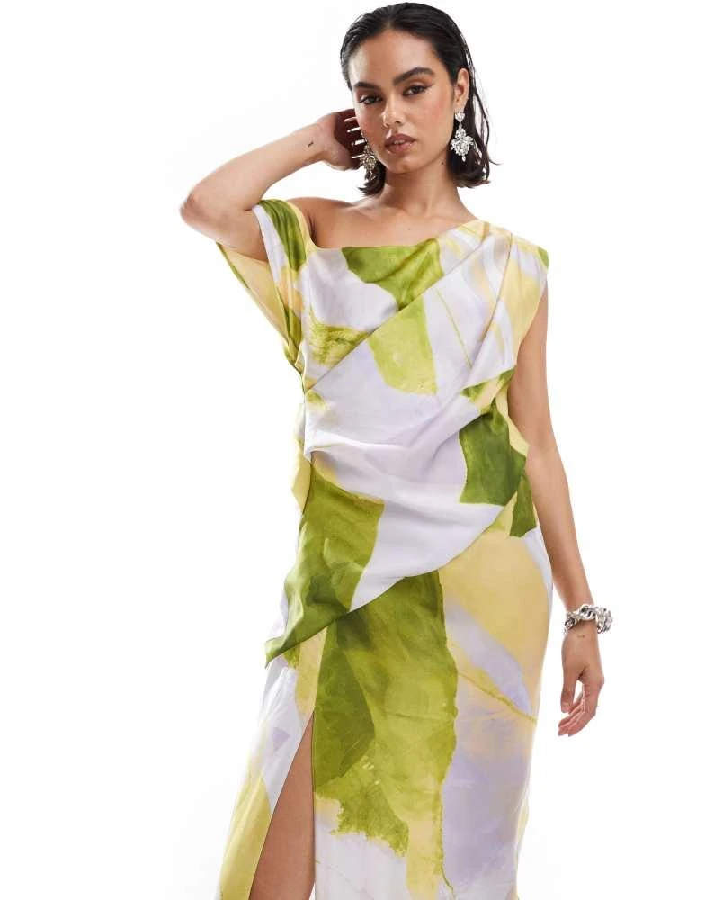 ASOS ASOS DESIGN satin off shoulder draped midi dress with split in lilac camo print 4