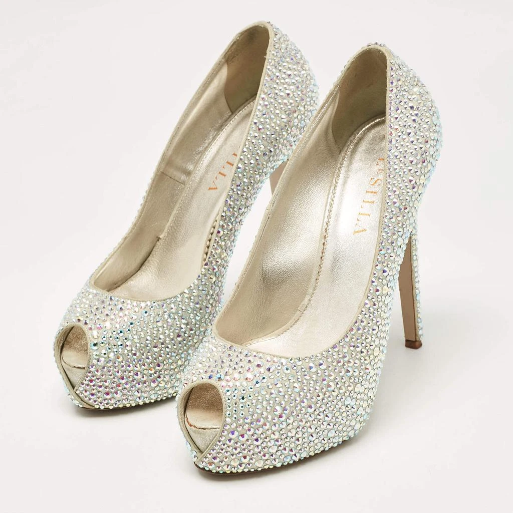LE SILLA Le Silla Silver Crystal Embellished Suede Peep Toe Platform Pumps Size 37 2