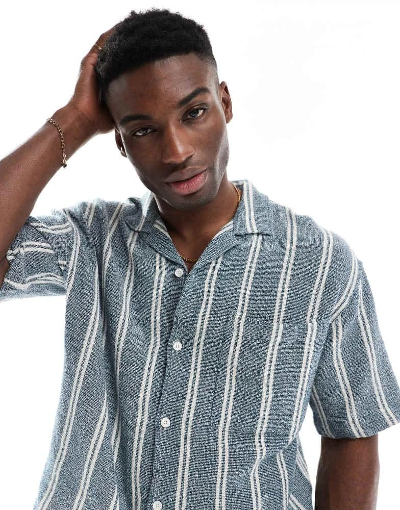 Pull&Bear Pull&Bear revere collar short sleeve shirt in blue stripe 1